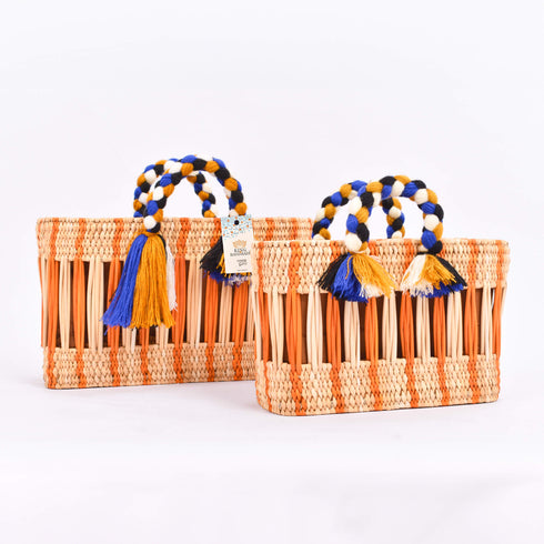 Handwoven Moroccan Reed Basket with Orange Stripe